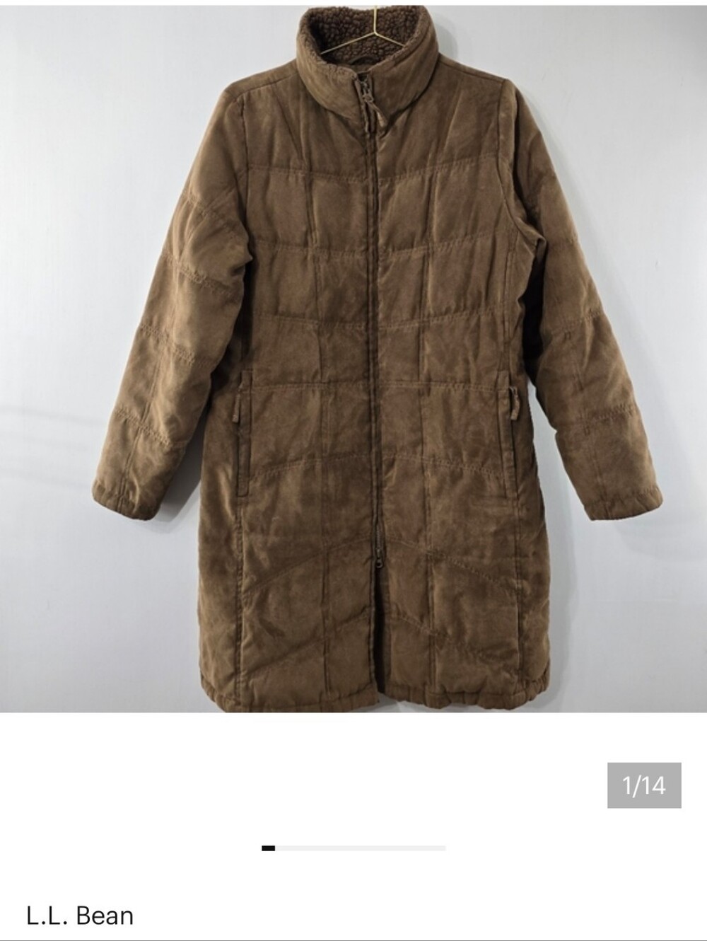 LL Bean Down Quilted Faux Suede Teddy Plush Sherpa Midi Zip Coat Jacket Size M